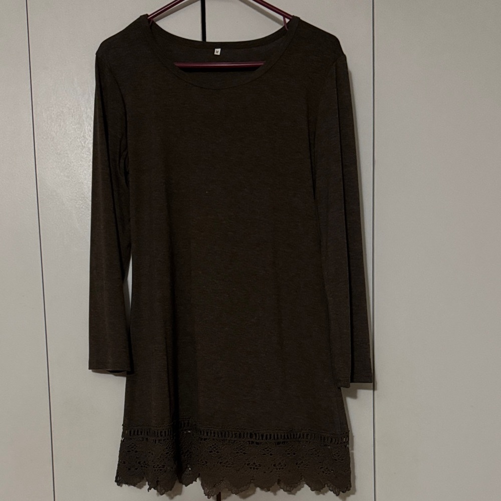 Brown Long Sleeve Dress with Lace Hem
